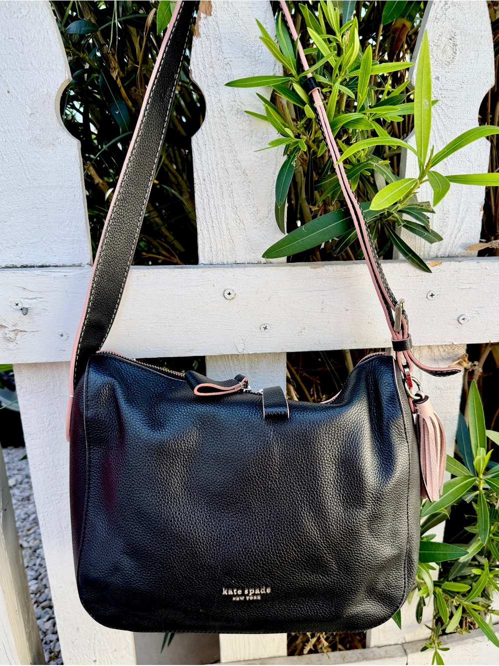 Kate Spade Anyday Medium Shoulder Bag Black Leather with Pink Trim